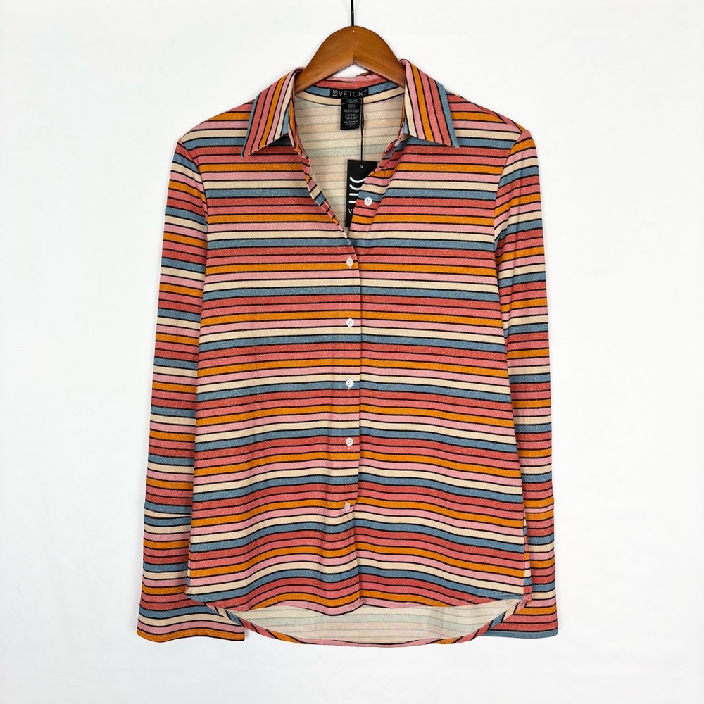 NEW VETCHY Sunset Stripe Shirt Long Sleeve Button‎ Down Orange Pink Size S